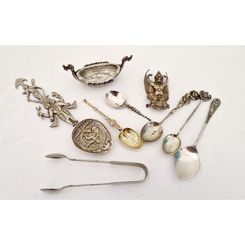 324 - Three various silver decorative spoons and quantity of white metal tableware