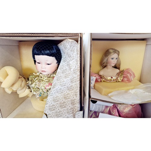 333 - Vintage girl doll with sleeping eyes and 5 boxed Franklin Heirloom dolls (as new)