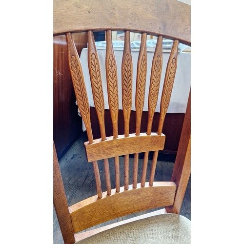 410 - Modern hardwood dining suite comprising rectangular table and six wheat ear splat back dining chairs