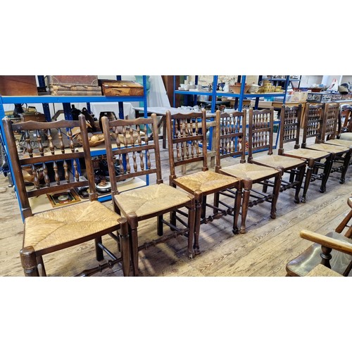 415 - Set of eight 20th century oak rush seated dining chairs with turned stretchers