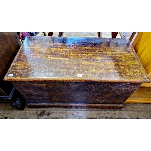 437 - Vintage pine blanket box with candle box and iron loop handles (1 missing)