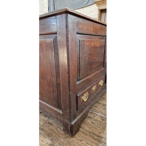 441 - Large dark oak coffer with relief panel front and two drawers to the base