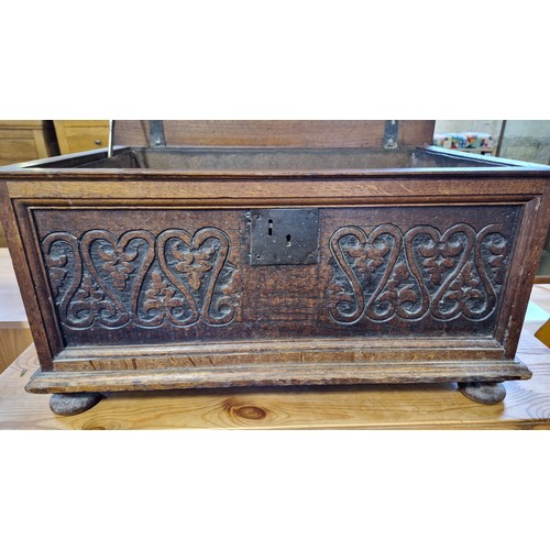 445 - Early 20th century oak bible box with relief carved panels and tin liner on bun feet