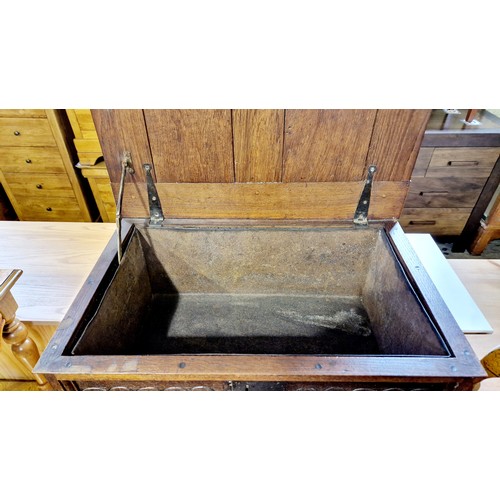 445 - Early 20th century oak bible box with relief carved panels and tin liner on bun feet