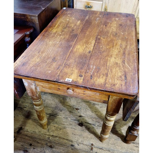 456 - Victorian pine rectangular drop leaf table with single drawer on turned legs