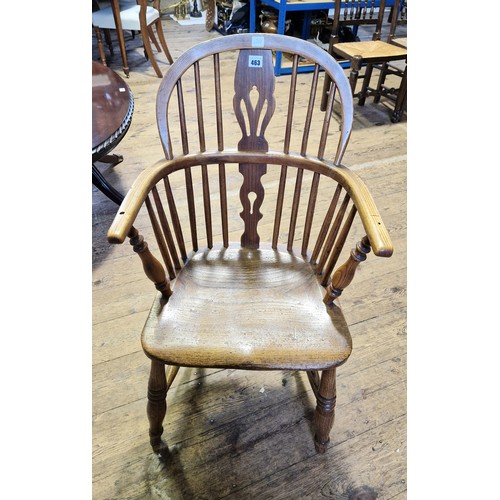 463 - Yew and elm pierced splat back Windsor chair with turned stretcher