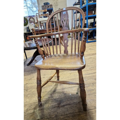 463 - Yew and elm pierced splat back Windsor chair with turned stretcher