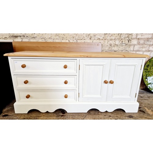 466 - Modern pine side cabinet with painted front, three drawers and cupboard