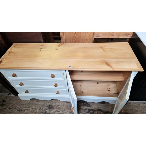 466 - Modern pine side cabinet with painted front, three drawers and cupboard