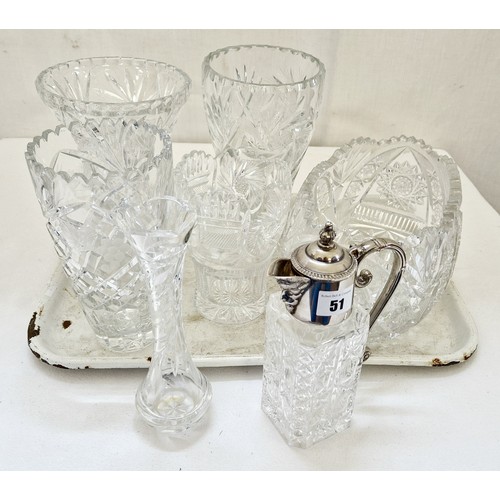 51 - Collection of 6 various crystal cut glass vases and bowls incl. Bohemian and claret jug with a Bacch... 