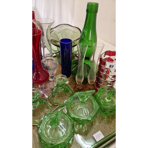 57 - Qty of mixed coloured glassware incl. dressing tableware, vases etc