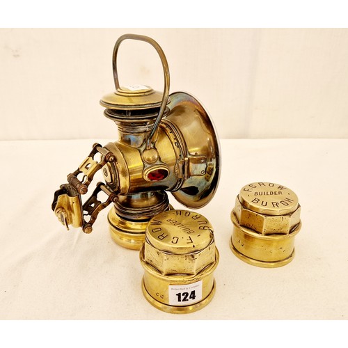 124 - Vintage brass ware comprising a pair of cart hubs F Crow Builder of Burgh and a Railway lantern