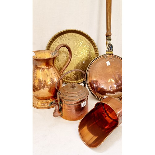 126 - Metal ware comprising warming pan, copper shovel etc