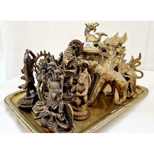 130 - Quantity of Indian and Hindu brass ornamental ware including tray