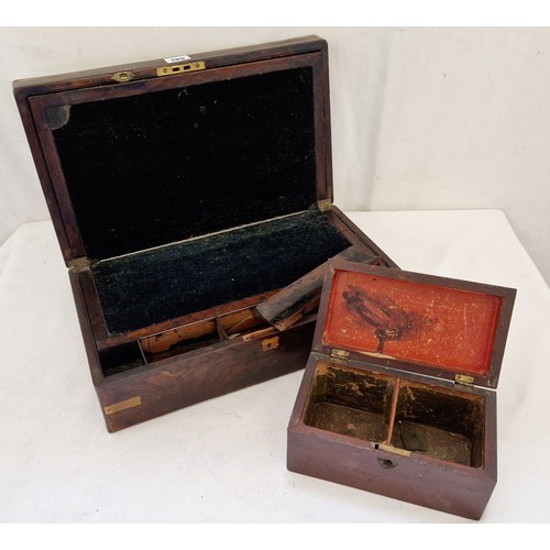 135 - Victorian mahogany writing box with brass banding and tea caddy, no interior, various damage