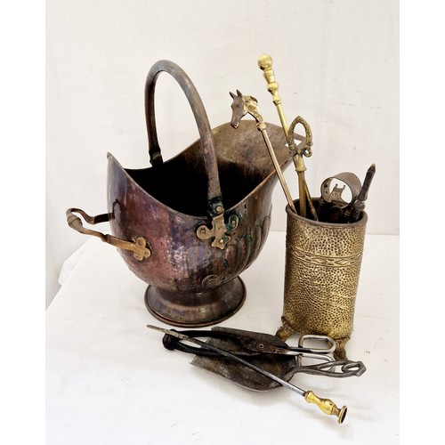 151 - Copper coal scuttle, companions etc