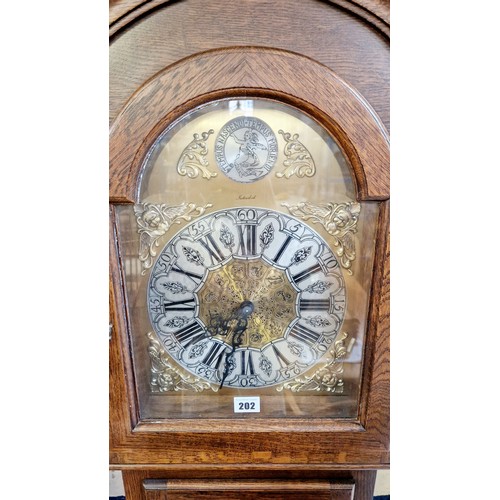 202 - Modern oak long cased clock with brass dial