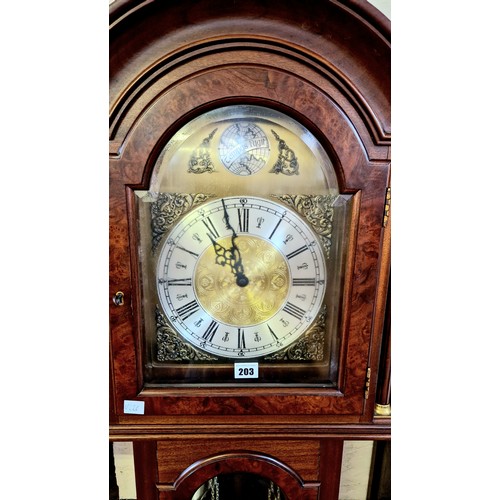 203 - Modern mahogany long cased clock with brass dial