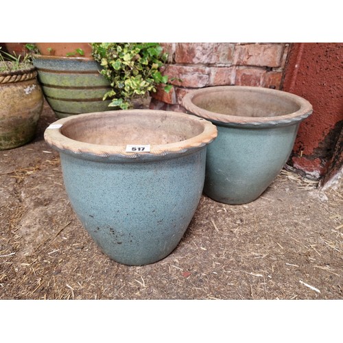 517 - Pair of blue/green glazed terracotta planters