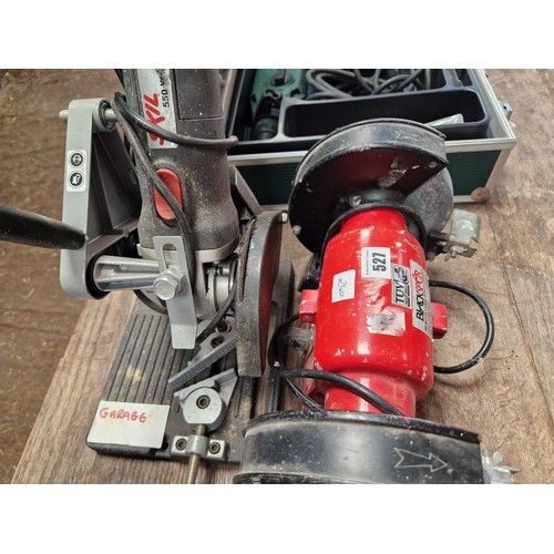 527 - Bench grinder and mounted angle grinder