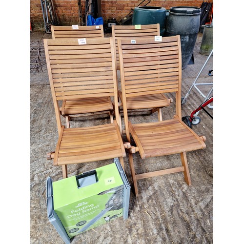 572 - Set of 4 folding teak garden chairs and folding dog ramp