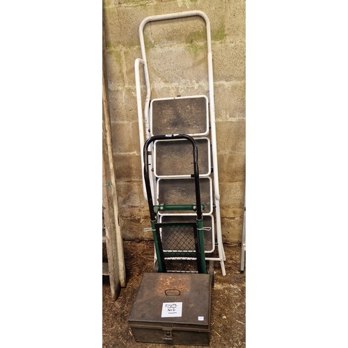 580 - Tubular steel step ladders, running barrow and tin box