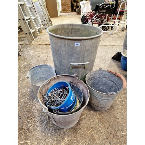 582 - Vintage galvanised buckets, bin etc