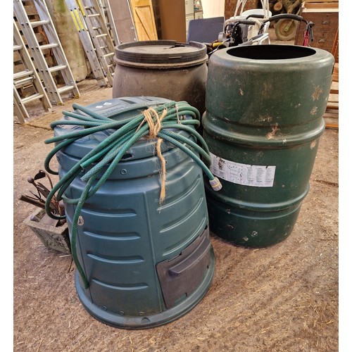 583 - Plastic compost bin, water butts, hand tools etc