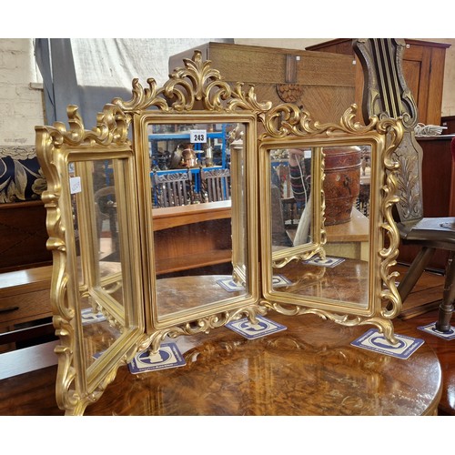 243 - Modern gilt effect three panel mirror with pierced surround