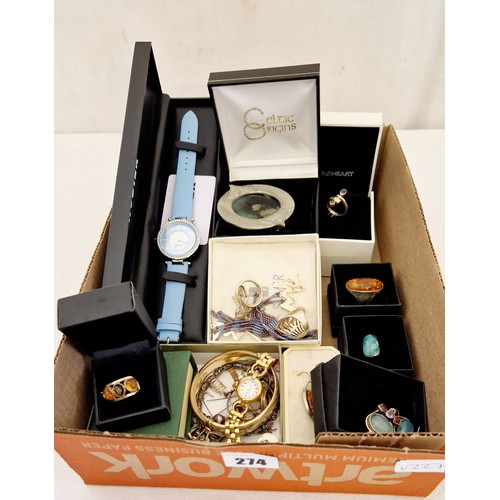 274 - Qty of modern sterling silver and costume jewellery, 9ct gold bangle, boxed ladies wristwatch etc