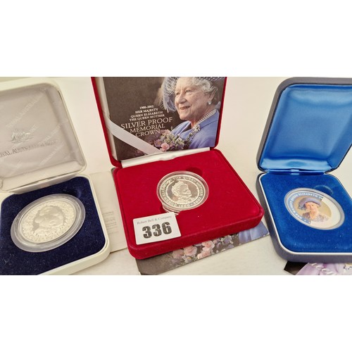 336 - Three commemorative boxed Australian Mint coins incl. Queen Mother silver proof memorial crown, Cook... 