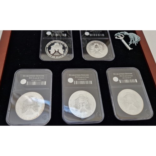 345 - The Complete Set of American Eagle Silver Dollars, five coin 1oz silver coin cased set 2001, 2008, 2... 