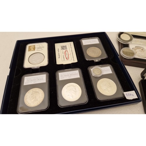 354 - Various GB coinage, silver and silver proofs, comprising Harrington & Byrne cased George V and Georg... 