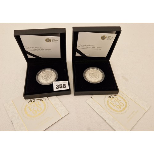 356 - Two Royal Mint boxed 2016 QEII 90th birthday £5 silver proof coins with COA