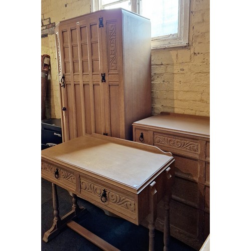 382 - Mid century limed oak 3-piece bedroom suite comprising wardrobe, chest of 4 drawers and dressing tab... 