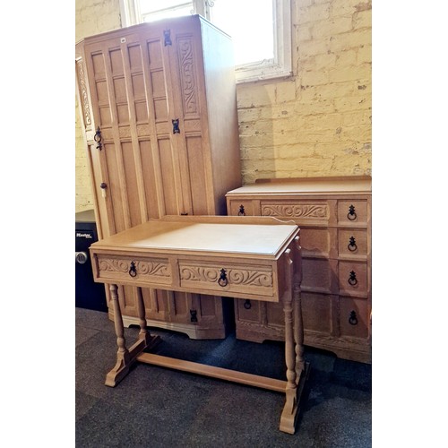 382 - Mid century limed oak 3-piece bedroom suite comprising wardrobe, chest of 4 drawers and dressing tab... 