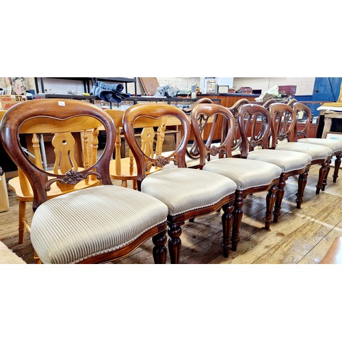 420 - Set of 6 reproduction mahogany balloon back dining chairs with floral splats on turned legs