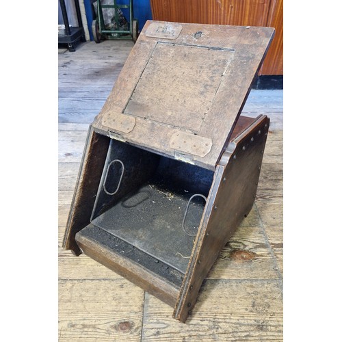 442 - Edwardian mahogany coal box with brass panel, shovel and tin liner