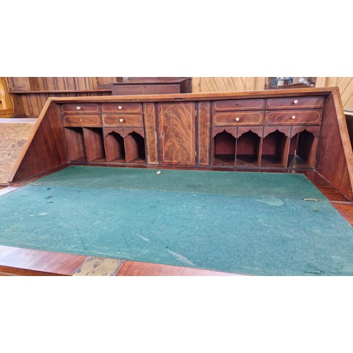 448 - Victorian mahogany bureau, the fall front enclosing a fitted interior over a base of 4 graduating dr... 