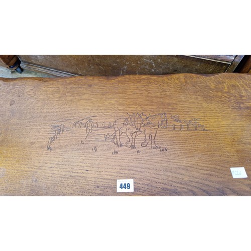 449 - Oak peg jointed occasional table with carved ploughing scene to the top