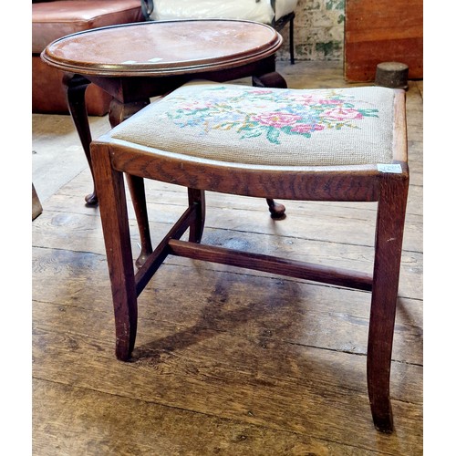 466A - Mid century circular oak occasional table and a tapestry top stool