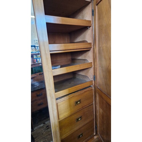 483 - Edwardian birch wardrobe/linen press with central mirrored panel, fitted interior of slides and draw... 