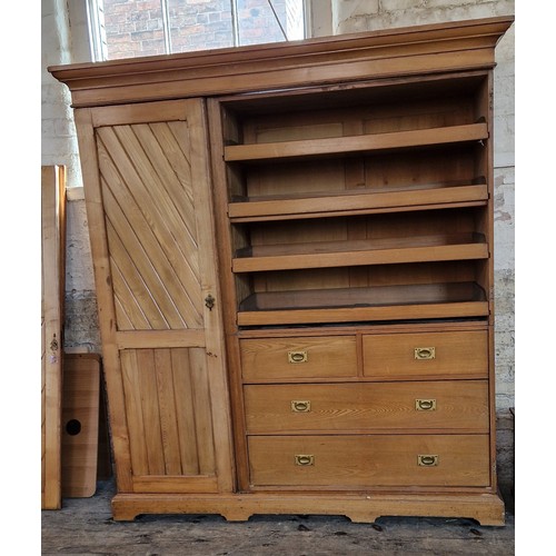 483 - Edwardian birch wardrobe/linen press with central mirrored panel, fitted interior of slides and draw... 