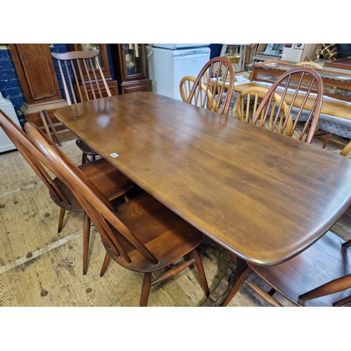 406 - Mid century dark Ercol style dining suite, comprising rectangular table and 6 Quaker chairs