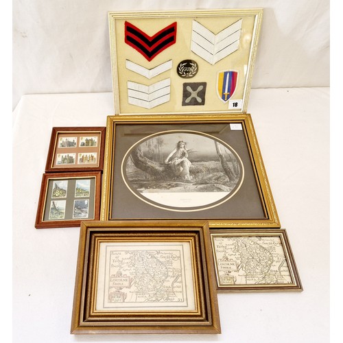 18 - Various framed items including military cloth items, maps of Lincolnshire, stamps etc