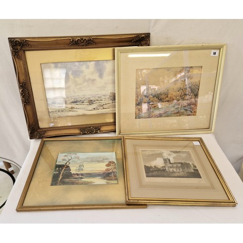 19 - Three landscape watercolours and a colour print of an engraving of Stoke Rochford church