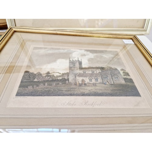 19 - Three landscape watercolours and a colour print of an engraving of Stoke Rochford church