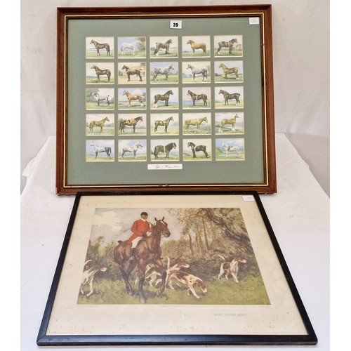 20 - Framed set of 25 John Player, Types of Horse cigarette cards and a coloured hunting print