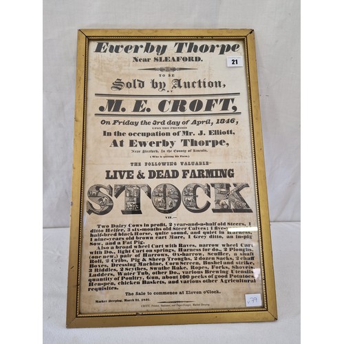 21 - Framed 1846 auction poster for a Farm Dispersal Sale, ME Croft Ewerby Thorpe