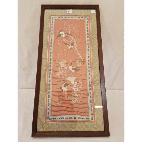 22 - Framed oriental silk panel of storks and foliage